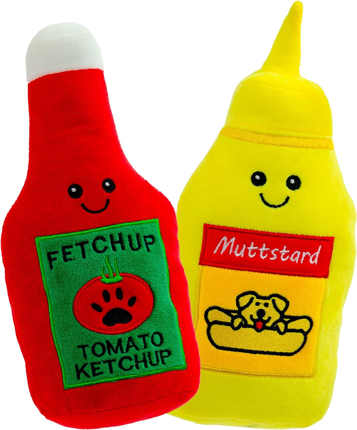 Pet Plush Pet Toy Fruits, Cupcakes, Ice Creams, Mug with Squeaker Dog Chew Toy (10" Ketchup & Mustard)