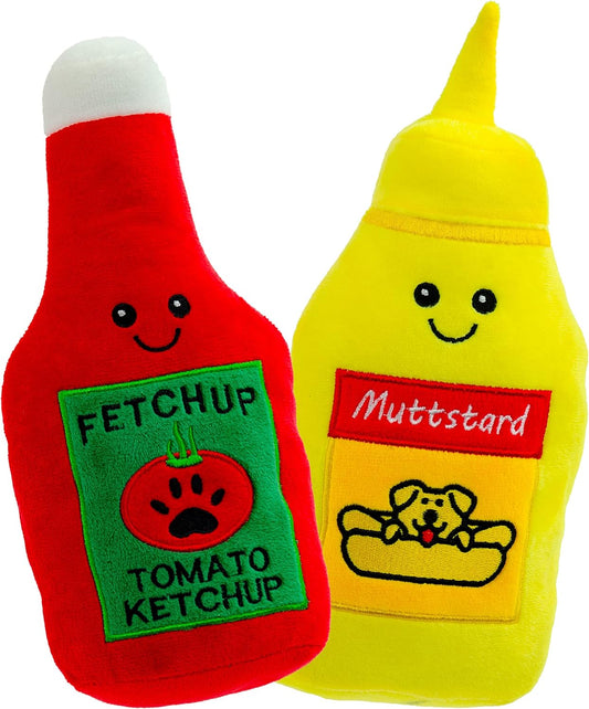 Pet Plush Pet Toy Fruits, Cupcakes, Ice Creams, Mug with Squeaker Dog Chew Toy (10" Ketchup & Mustard)