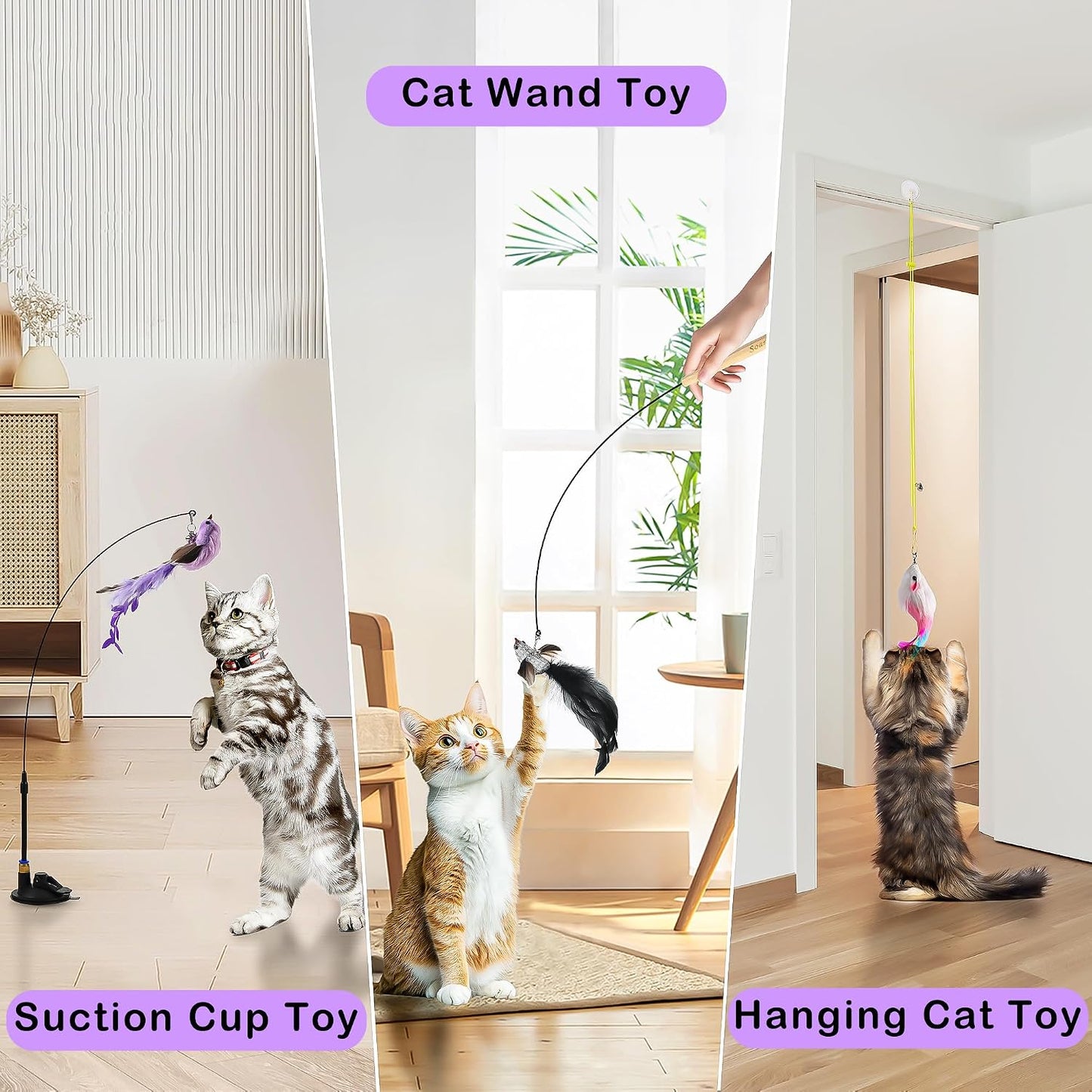 3In1 Flying Bird Cat Wand Toys with Suction Cup for Indoor Cat,7Pcs | Enhanced Suction Cup,Interactive Cat Fishing Pole Toy Replacement and Door Hanging Cat String Toy for Indoor Kitten Self Play