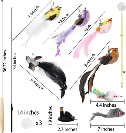3In1 Flying Bird Cat Wand Toys with Suction Cup for Indoor Cat,7Pcs | Enhanced Suction Cup,Interactive Cat Fishing Pole Toy Replacement and Door Hanging Cat String Toy for Indoor Kitten Self Play