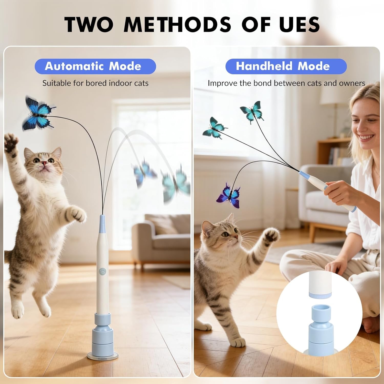 Automatic Butterfly Cat Toy, Electric Cat Teaser Toy, Blue | 2 Smart Mode,Touch Activated,Flying Bird Feather Wand Toy,Rechargeable,Reusable Suction Base,Kitten Toys,Multi Cat Households