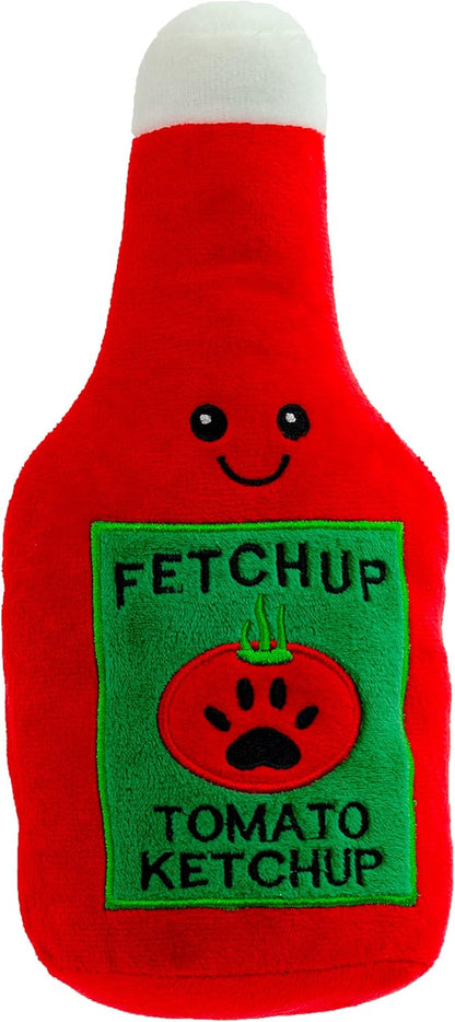Pet Plush Pet Toy Fruits, Cupcakes, Ice Creams, Mug with Squeaker Dog Chew Toy (10" Ketchup & Mustard)