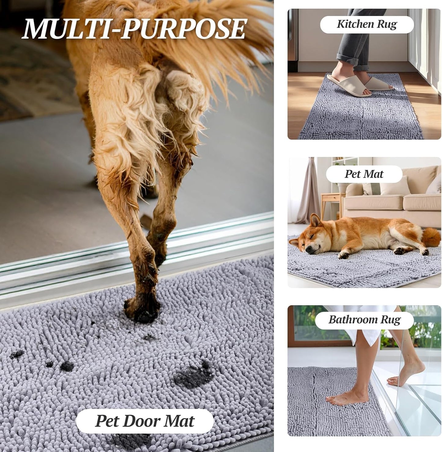 Dog Door Mat Absorpmax Dog Mat for Muddy Paw, 35 × 25", Grey | Mud Rug with Non Slip Backing for Indoor & Outdoor, Washable Soft Chenille anti Mud Waterproof