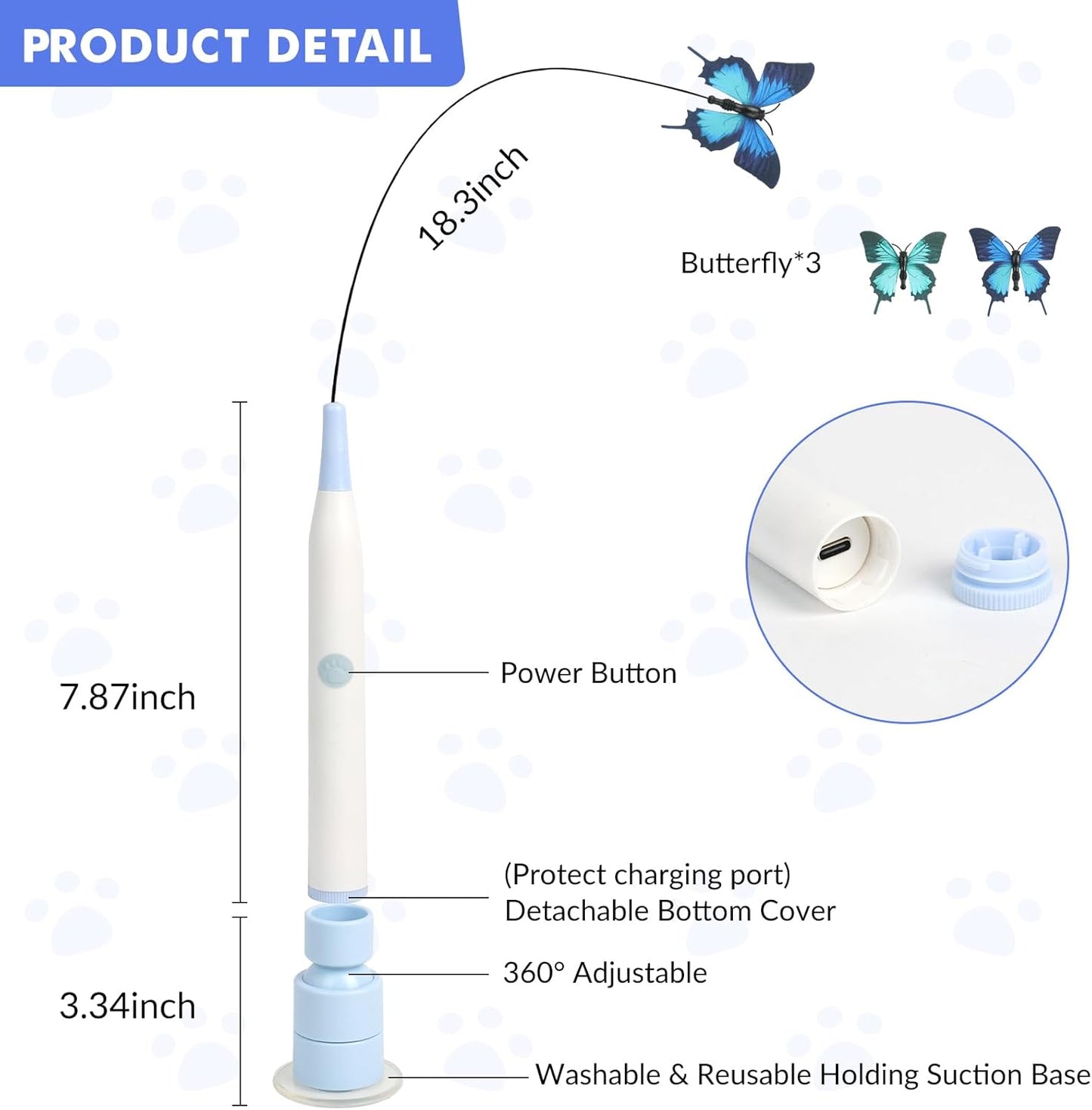 Automatic Butterfly Cat Toy, Electric Cat Teaser Toy, Blue | 2 Smart Mode,Touch Activated,Flying Bird Feather Wand Toy,Rechargeable,Reusable Suction Base,Kitten Toys,Multi Cat Households