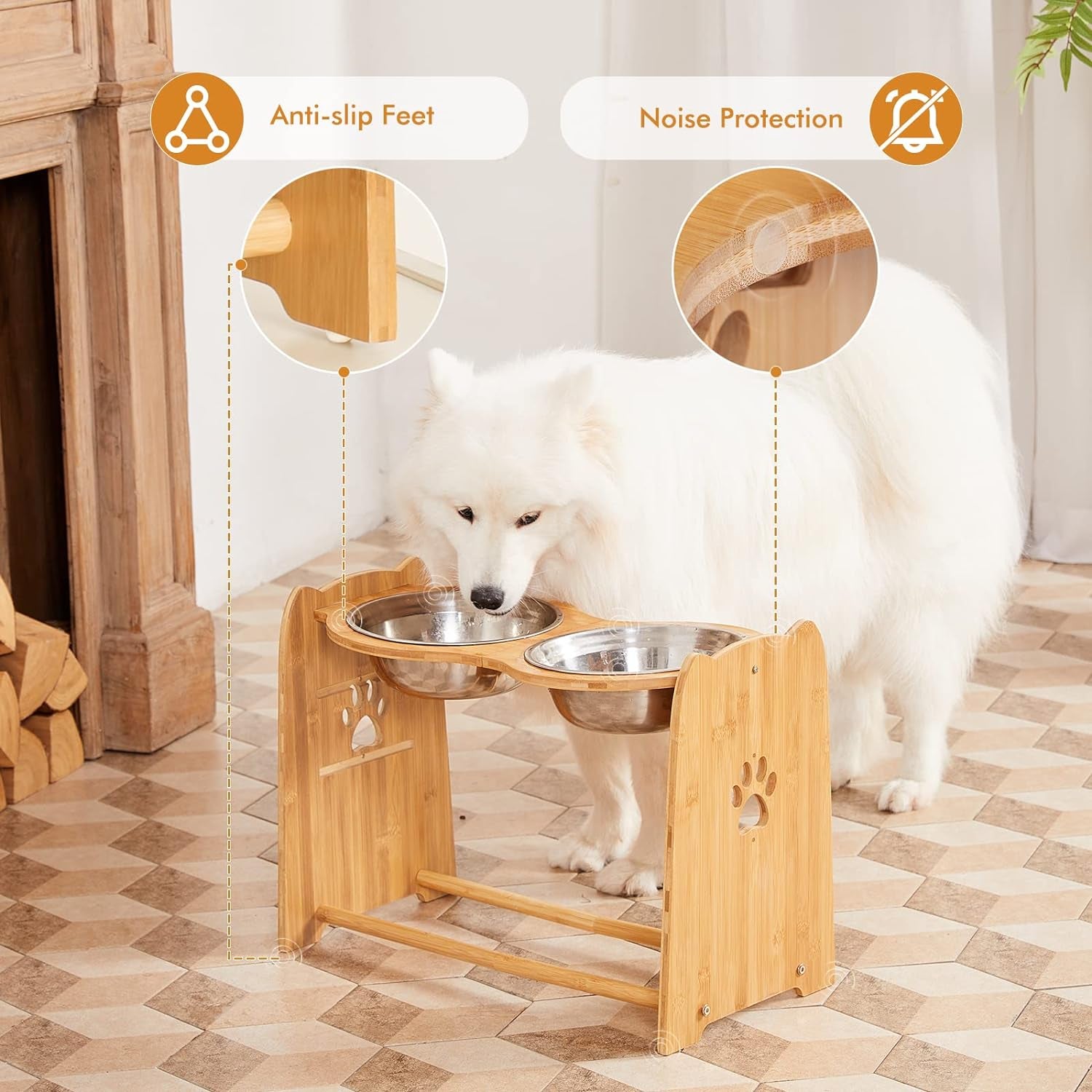 Elevated Dog Bowls for Cats and Dogs, Adjustable Bamboo Raised Dog Bowls for Large Dog, Food and Water Stand Feeder with 2 Stainless Steel anti Slip Feet (Height 7.9" to 11.4" to 15")…