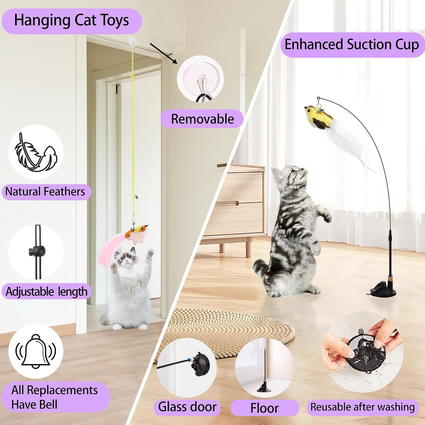 3In1 Flying Bird Cat Wand Toys with Suction Cup for Indoor Cat,7Pcs | Enhanced Suction Cup,Interactive Cat Fishing Pole Toy Replacement and Door Hanging Cat String Toy for Indoor Kitten Self Play