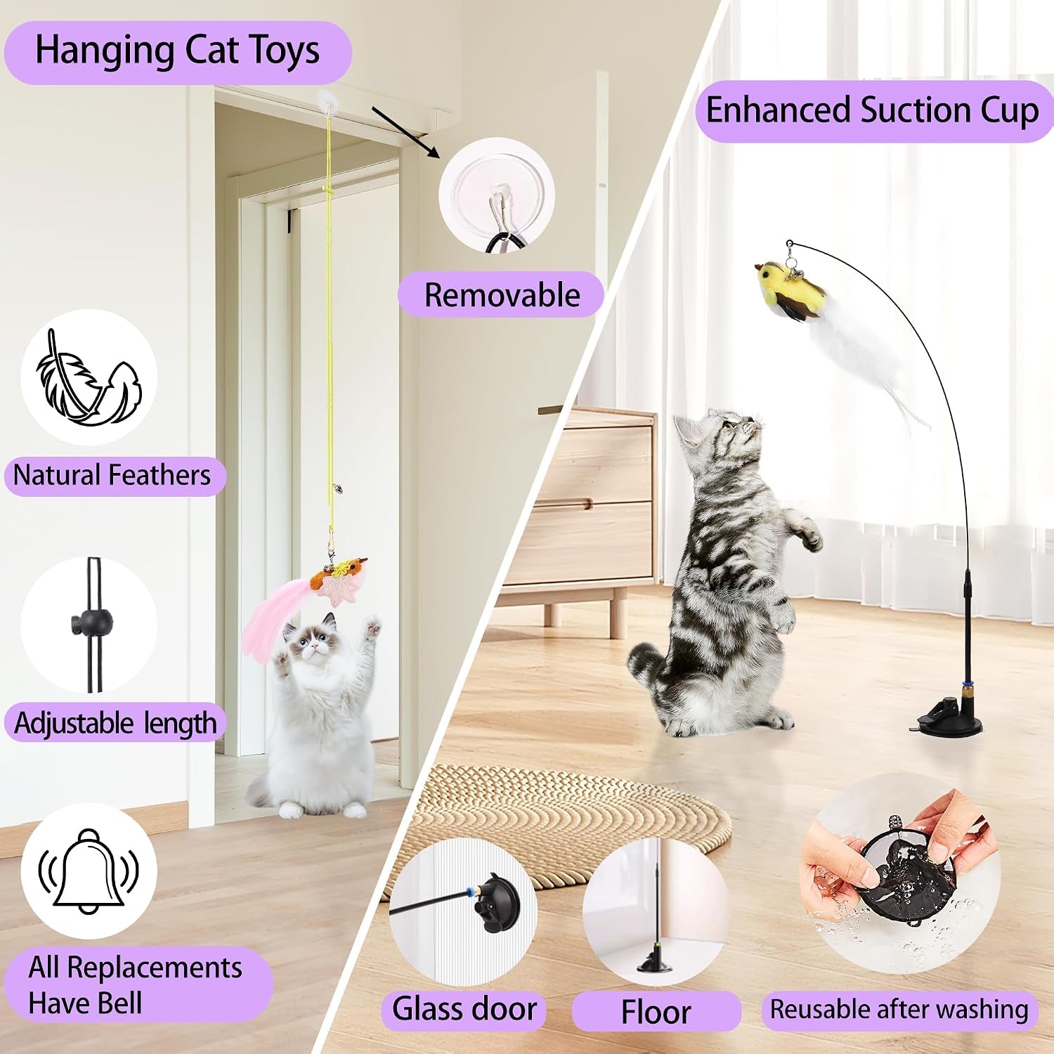 3In1 Flying Bird Cat Wand Toys with Suction Cup for Indoor Cat,7Pcs | Enhanced Suction Cup,Interactive Cat Fishing Pole Toy Replacement and Door Hanging Cat String Toy for Indoor Kitten Self Play