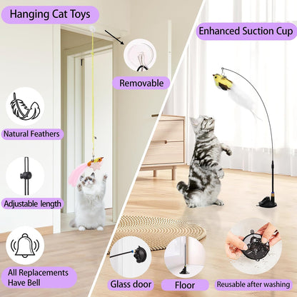 3In1 Flying Bird Cat Wand Toys with Suction Cup for Indoor Cat,7Pcs | Enhanced Suction Cup,Interactive Cat Fishing Pole Toy Replacement and Door Hanging Cat String Toy for Indoor Kitten Self Play