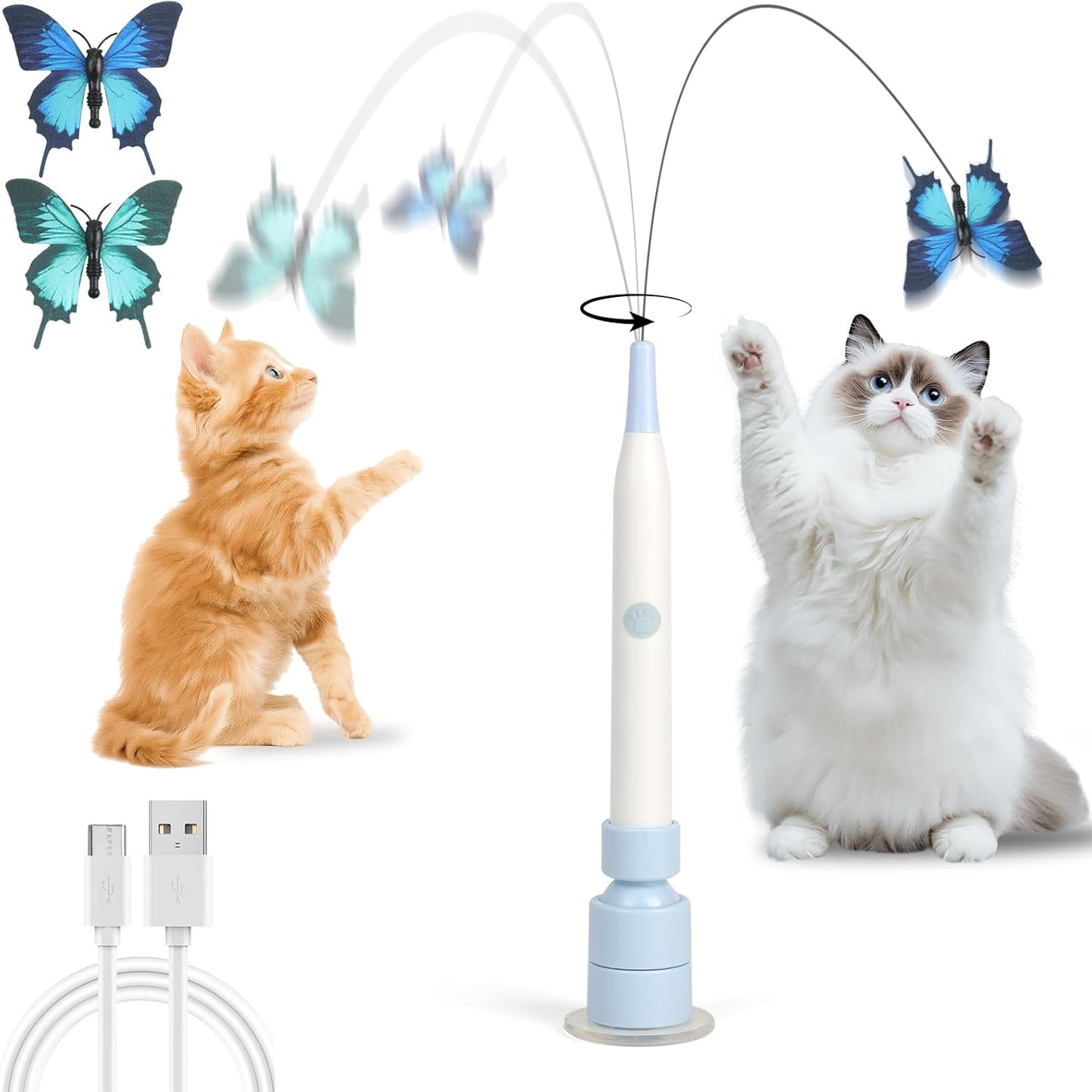 Automatic Butterfly Cat Toy, Electric Cat Teaser Toy, Blue | 2 Smart Mode,Touch Activated,Flying Bird Feather Wand Toy,Rechargeable,Reusable Suction Base,Kitten Toys,Multi Cat Households