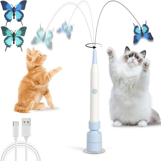 Automatic Butterfly Cat Toy, Electric Cat Teaser Toy, Blue | 2 Smart Mode,Touch Activated,Flying Bird Feather Wand Toy,Rechargeable,Reusable Suction Base,Kitten Toys,Multi Cat Households