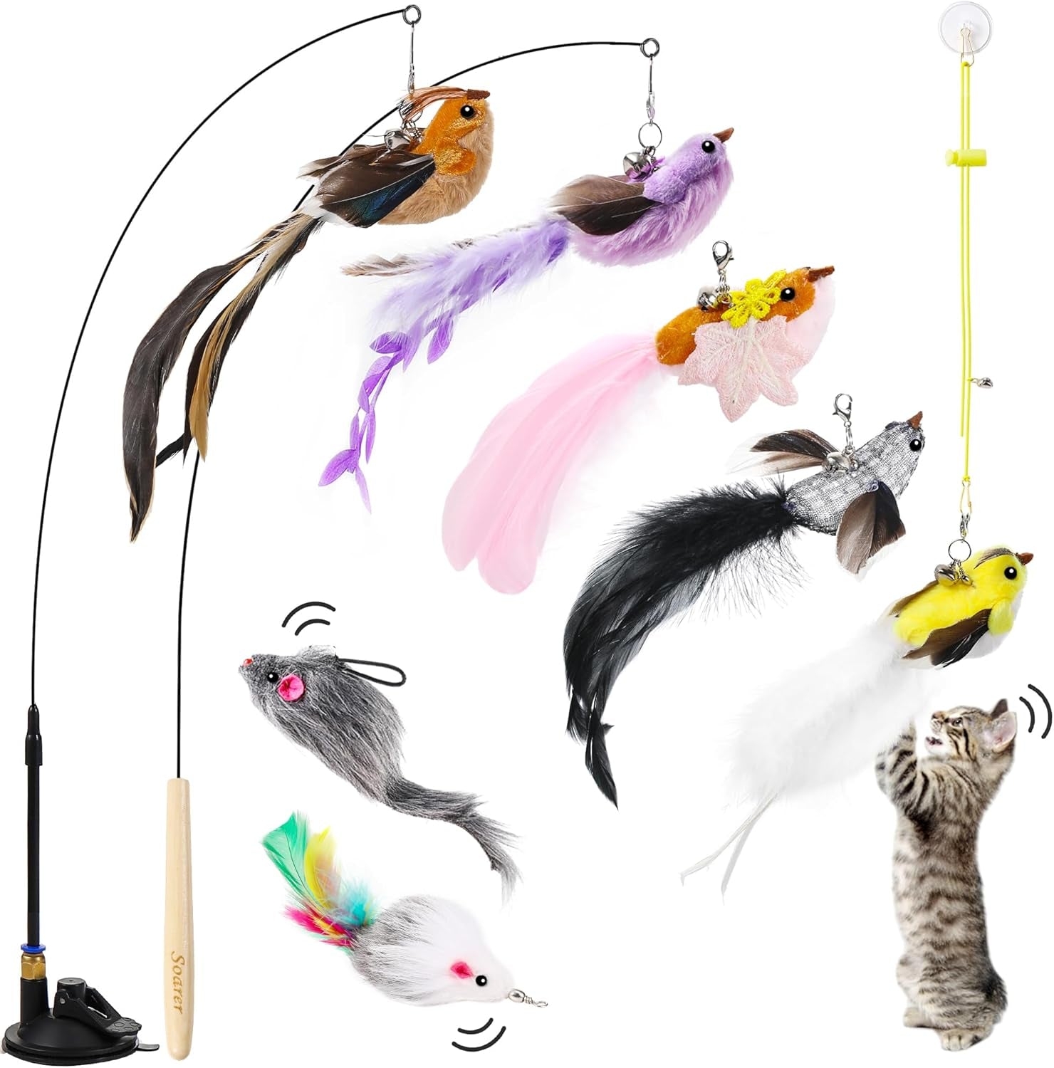3In1 Flying Bird Cat Wand Toys with Suction Cup for Indoor Cat,7Pcs | Enhanced Suction Cup,Interactive Cat Fishing Pole Toy Replacement and Door Hanging Cat String Toy for Indoor Kitten Self Play