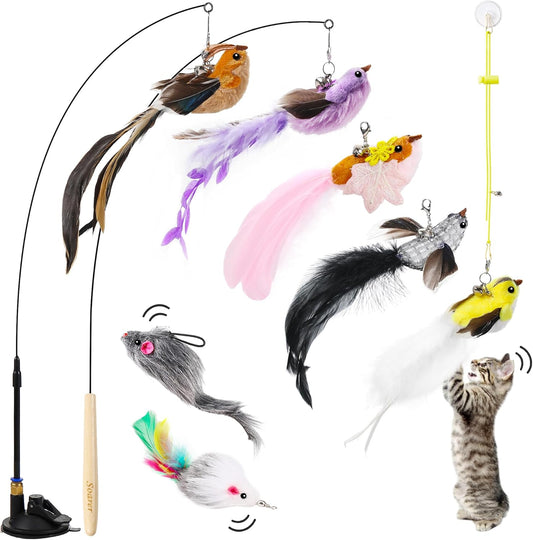 3In1 Flying Bird Cat Wand Toys with Suction Cup for Indoor Cat,7Pcs | Enhanced Suction Cup,Interactive Cat Fishing Pole Toy Replacement and Door Hanging Cat String Toy for Indoor Kitten Self Play