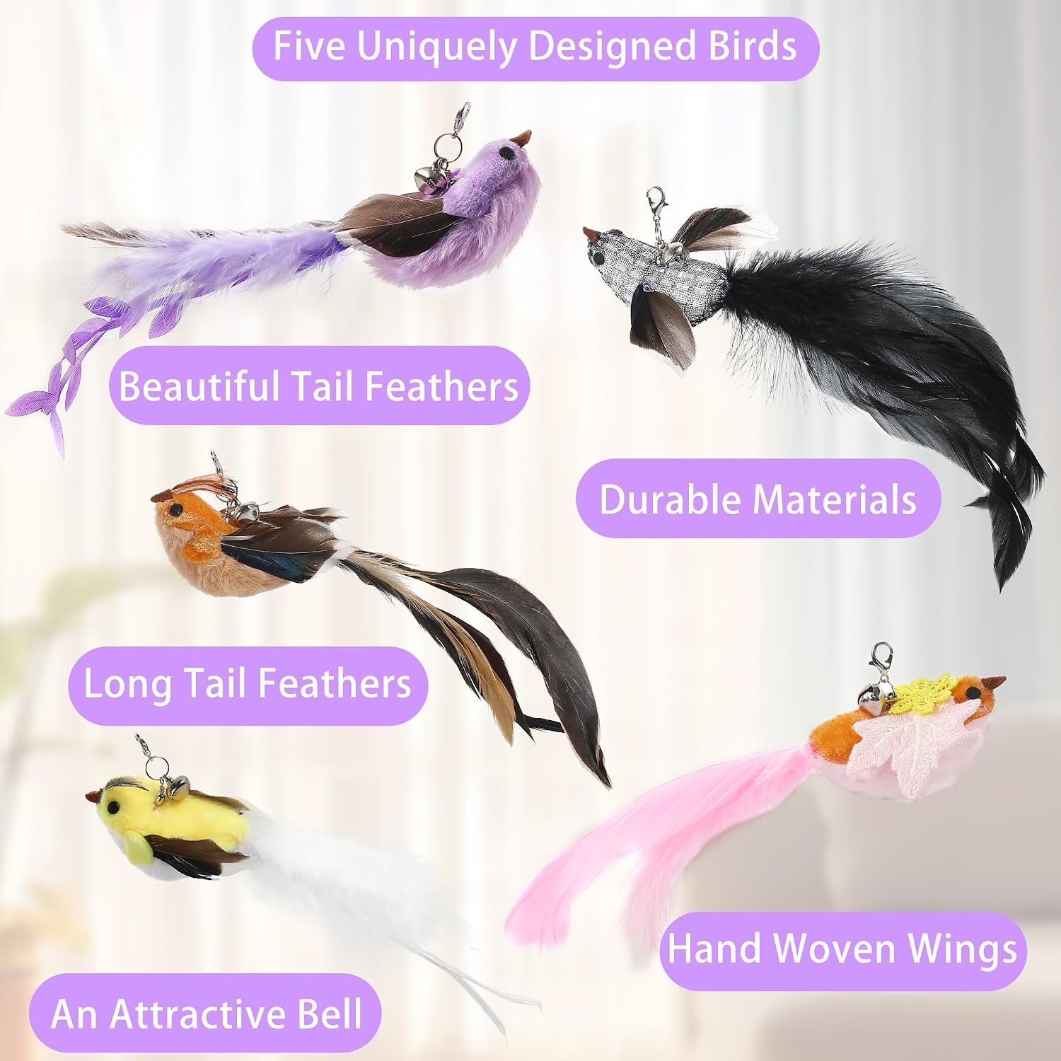 3In1 Flying Bird Cat Wand Toys with Suction Cup for Indoor Cat,7Pcs | Enhanced Suction Cup,Interactive Cat Fishing Pole Toy Replacement and Door Hanging Cat String Toy for Indoor Kitten Self Play