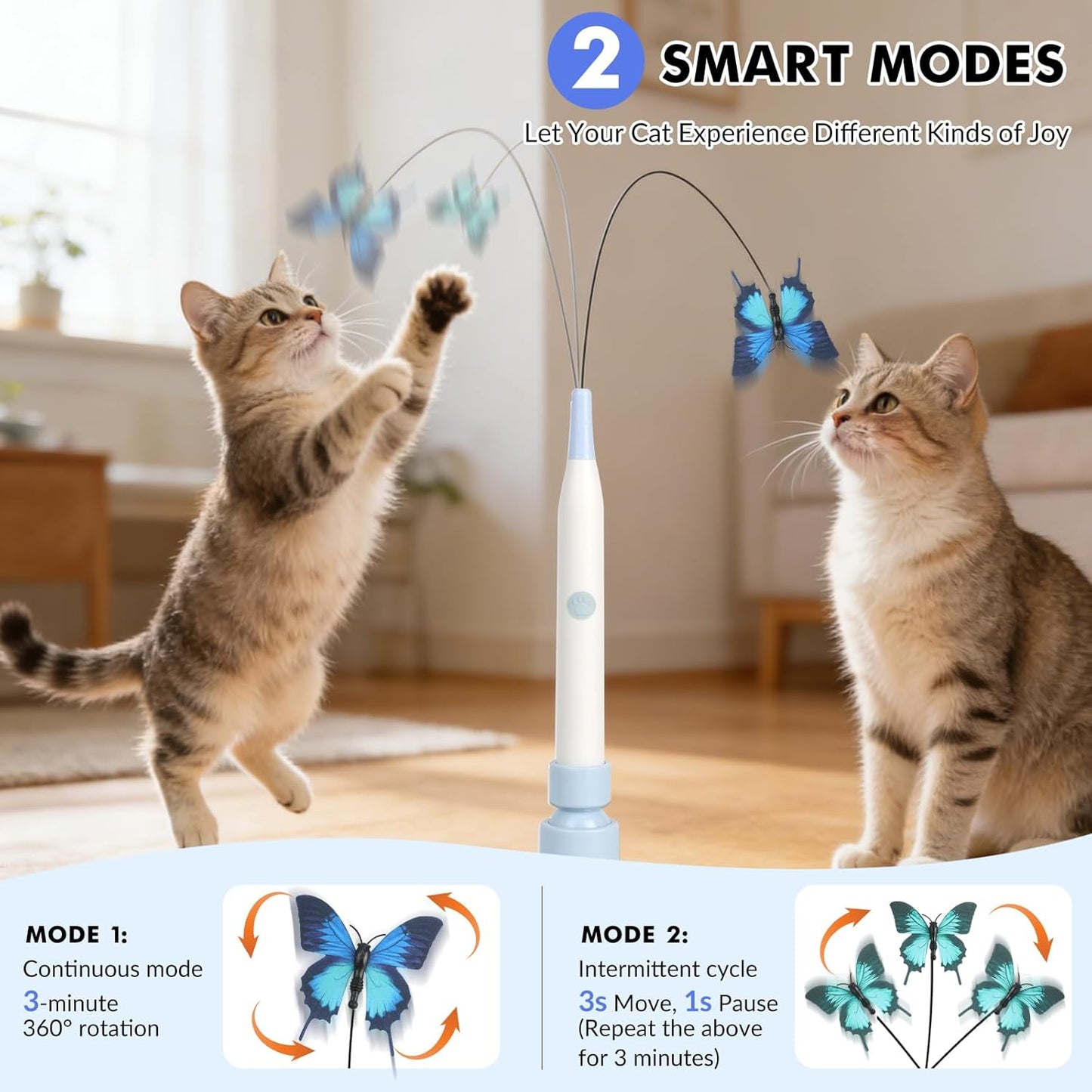 Automatic Butterfly Cat Toy, Electric Cat Teaser Toy, Blue | 2 Smart Mode,Touch Activated,Flying Bird Feather Wand Toy,Rechargeable,Reusable Suction Base,Kitten Toys,Multi Cat Households