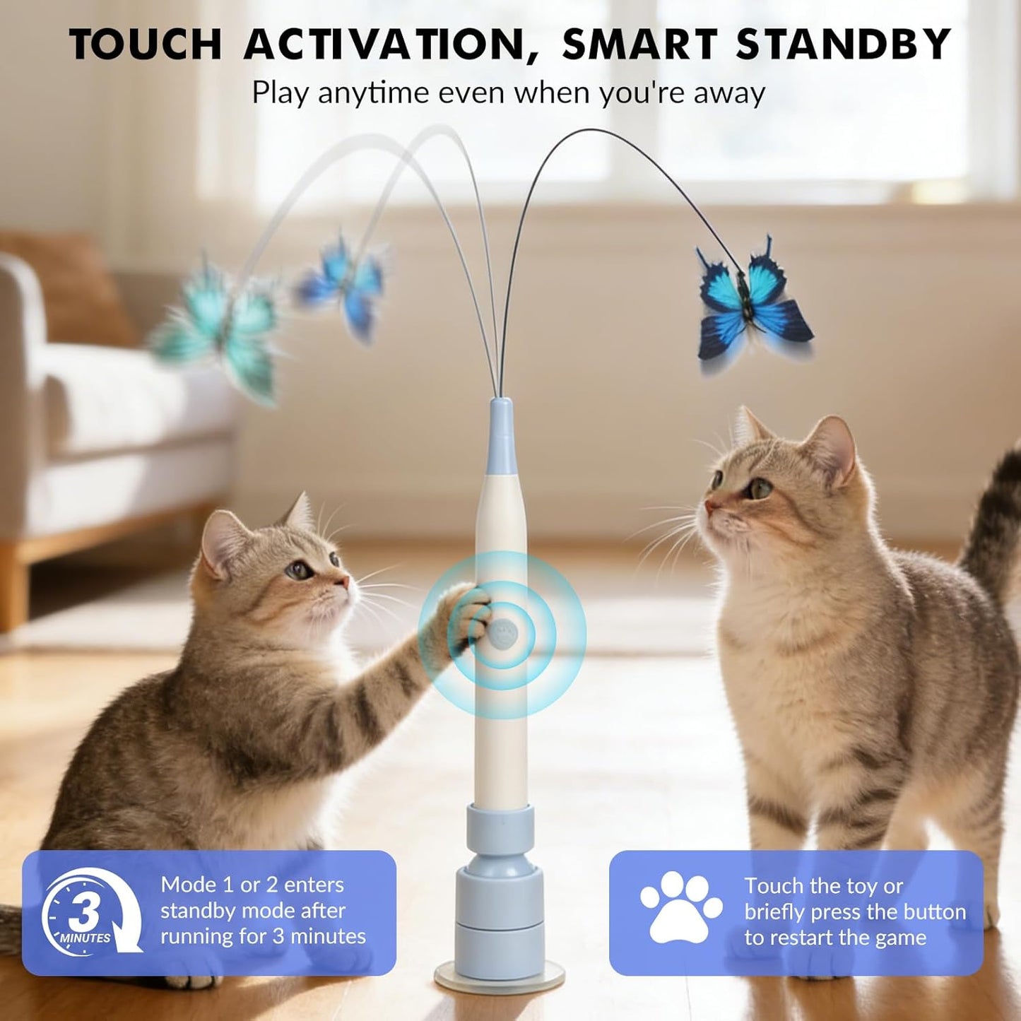 Automatic Butterfly Cat Toy, Electric Cat Teaser Toy, Blue | 2 Smart Mode,Touch Activated,Flying Bird Feather Wand Toy,Rechargeable,Reusable Suction Base,Kitten Toys,Multi Cat Households