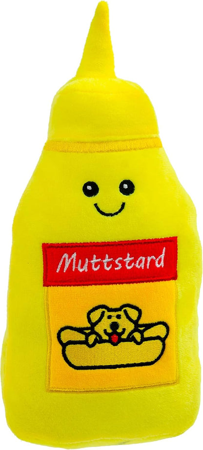 Pet Plush Pet Toy Fruits, Cupcakes, Ice Creams, Mug with Squeaker Dog Chew Toy (10" Ketchup & Mustard)
